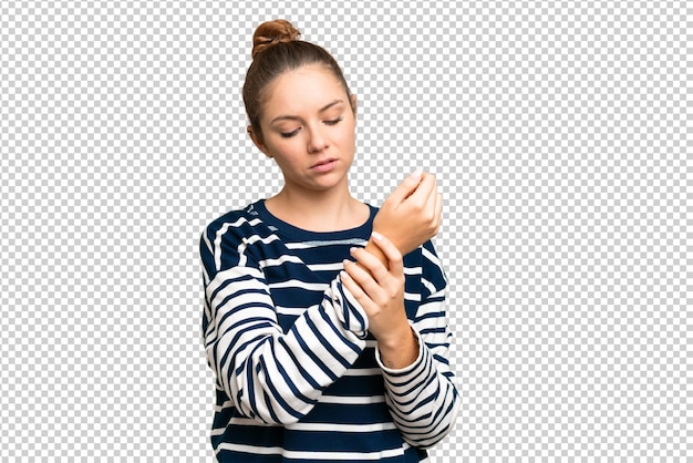 young blonde woman over isolated chroma key background suffering from pain in hands