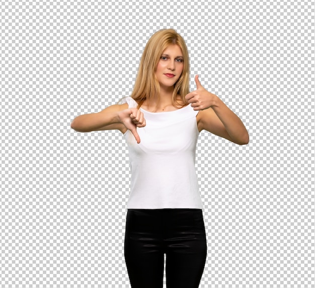 PSD young blonde woman making good-bad sign. undecided between yes or not