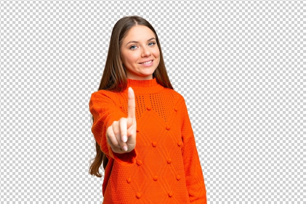 Young blonde woman over isolated chroma key background showing and lifting a finger