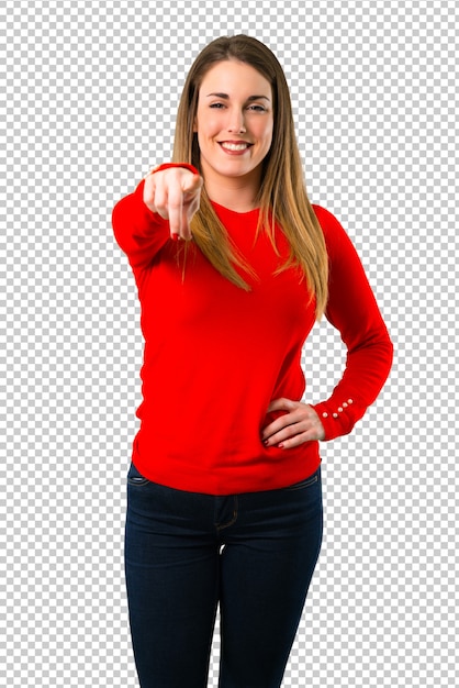 PSD young blonde woman points finger at you