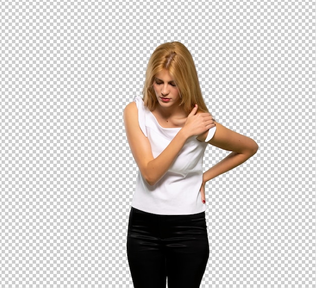 PSD young blonde woman suffering from pain in shoulder for having made an effort