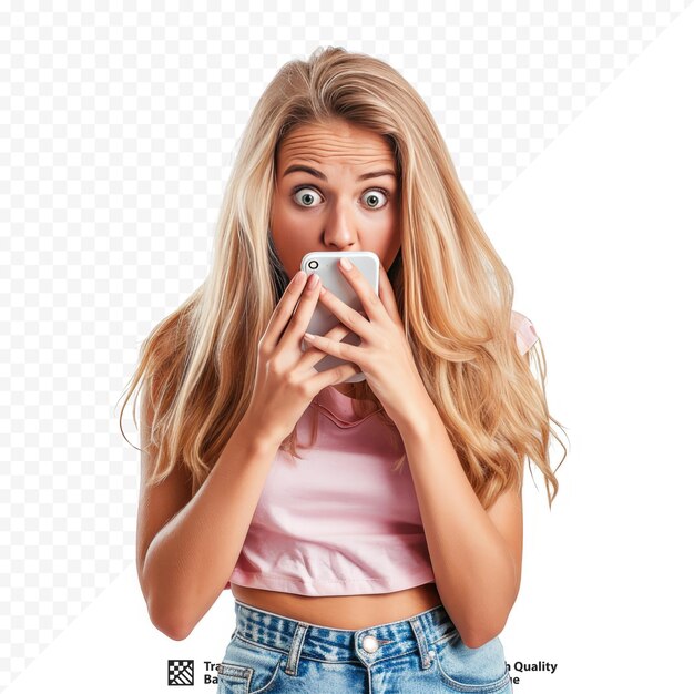 PSD young blonde woman texting sending message using smartphone over isolated isolated background cover mouth with hand shocked with shame for mistake expression of fear scared in silence secret co