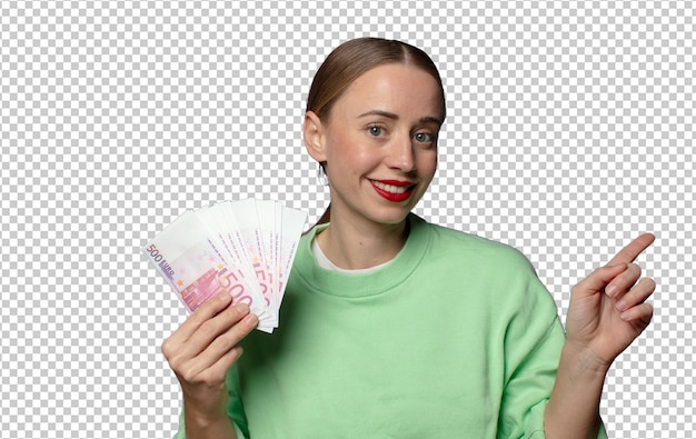 young blonde woman with bank note bills