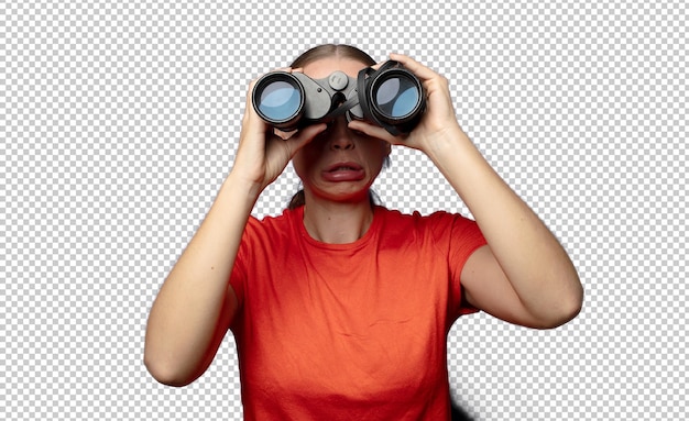 双眼鏡を持った若い金の女性