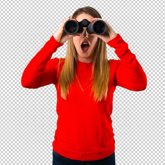 young blonde woman with binoculars
