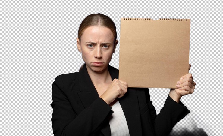 PSD young blonde woman with an blank empty note book