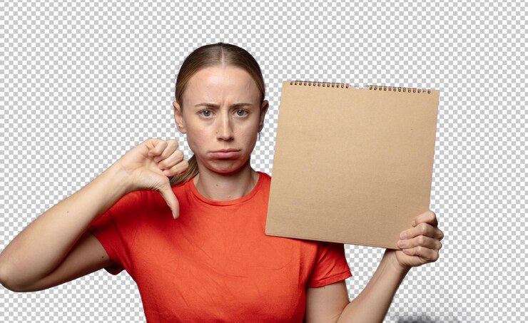 PSD young blonde woman with an blank empty note book