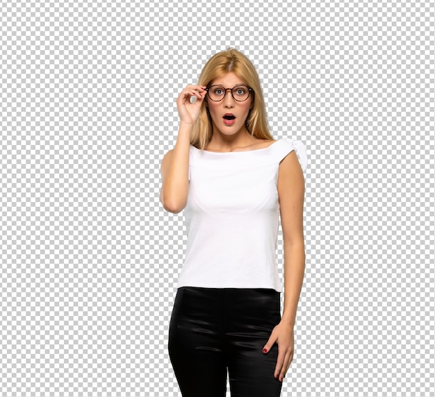 Young blonde woman with glasses and surprised