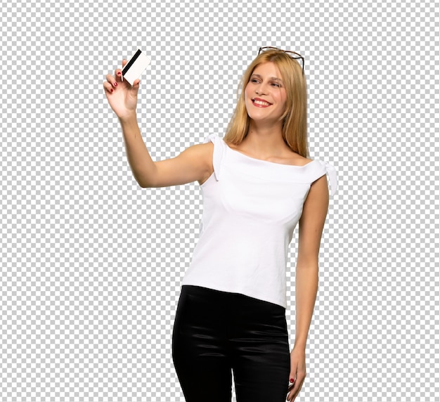 PSD young blonde woman with troubled holding broken smartphone