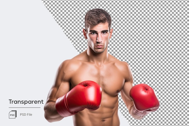 PSD フィットネスと強い筋肉を持つ赤いボクシング グローブを持つ若いボクサーの男は戦う準備ができています。