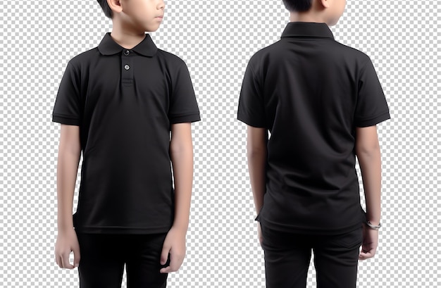 PSD young boy in black polo shirt mockup front and back view cutout