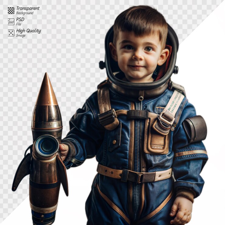 PSD a young boy in a blue spacesuit holding a rocket