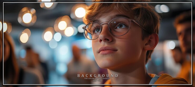 PSD a young boy in glasses looks thoughtfully at something offcamera in a brightly lit room