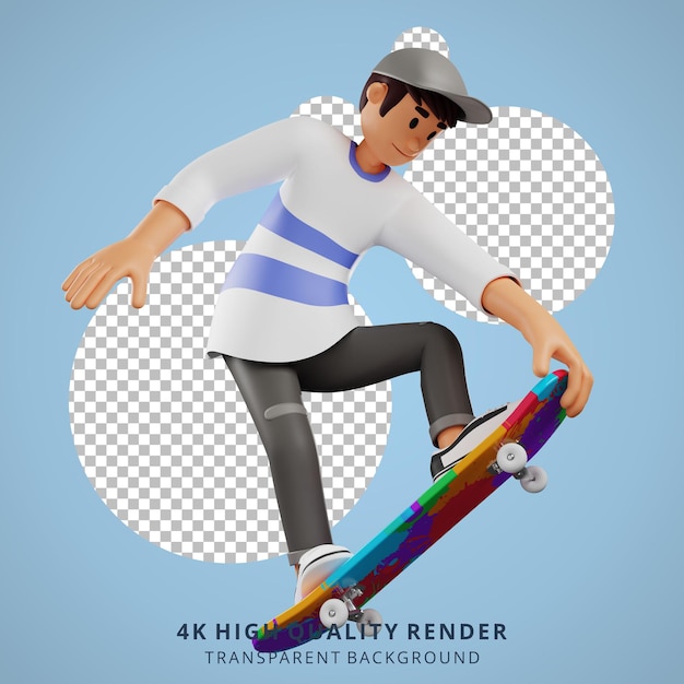 PSD young boy in hat is skateboarding 3d character illustration