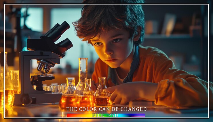 PSD a young boy looks intently at a flask in a science lab