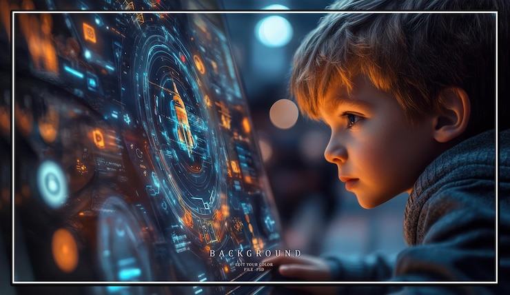 PSD a young boy looks intently at a futuristic digital interface showcasing a world of technology