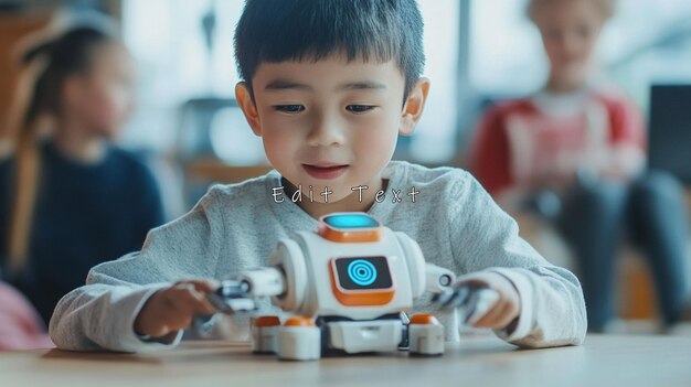 おもちゃのロボットと遊ぶ少年
