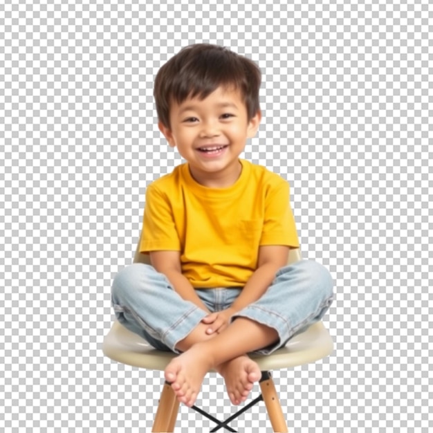 평평한 색 배경으로 밝게 미소 짓는 의자에 십자 다리를 앉아있는 어린 소년