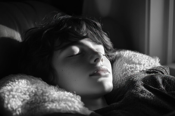 PSD 窓から流れる柔らかい日光に浴びた椅子で静かに眠っている少年