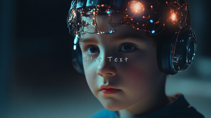 PSD young boy wearing futuristic headset with glowing lights