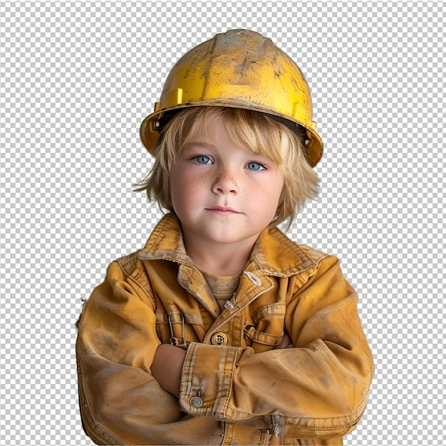 PSD a young boy wearing a yellow helmet with his arms crossed