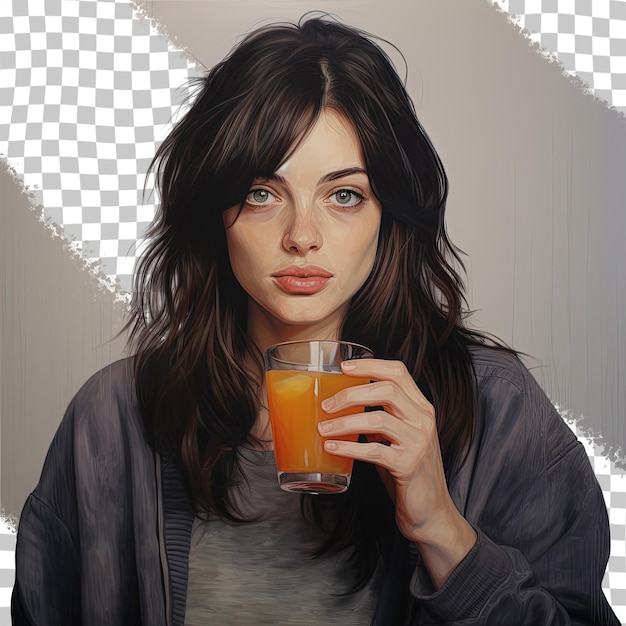 PSD young brunette with orange juice transparent background