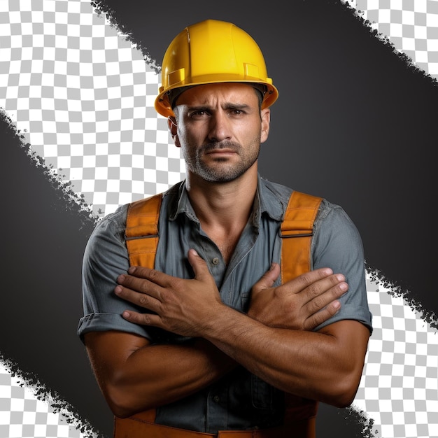 PSD young builder in hardhat experiencing pain in hand isolated on transparent background