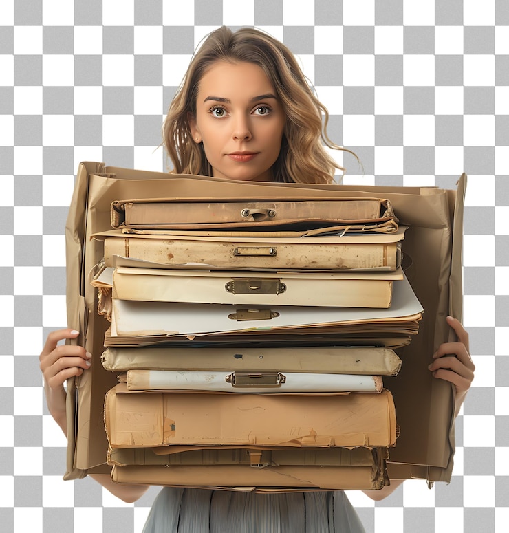 PSD young business woman carrying book on transparent background