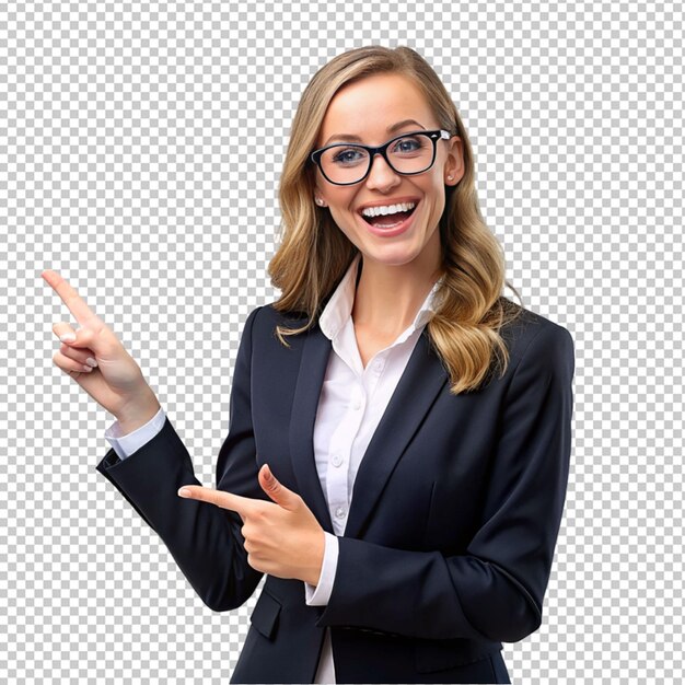 Young business women pointing to a side on transparent background