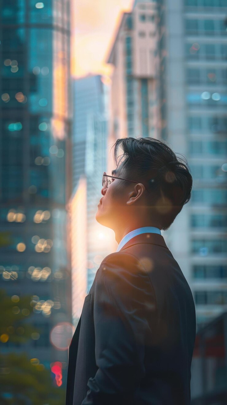 PSD 젊은 사업가 가 시내 풍경 의 일몰 을 바라보고 있다