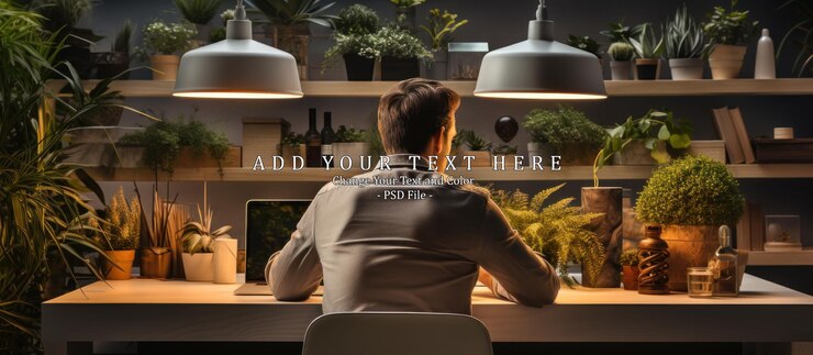PSD young businessman sitting on the desk in the living room