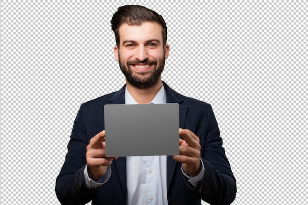 PSD young businessman with a gray card