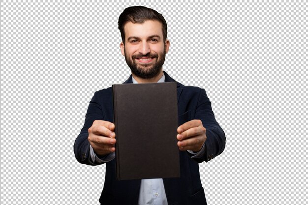 PSD young businessman with a piggy bank