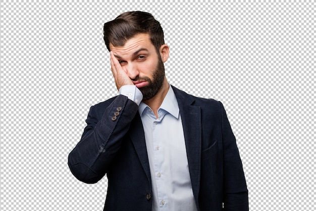 PSD young businessman with a piggy bank