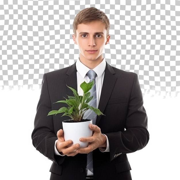 PSD young businessman with plant isolated on transparent