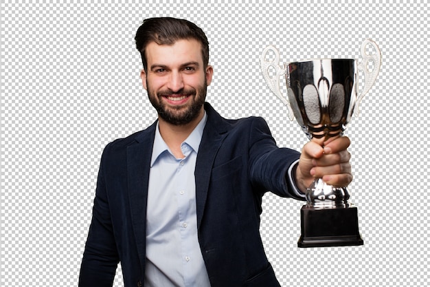 PSD young businessman with a trophy