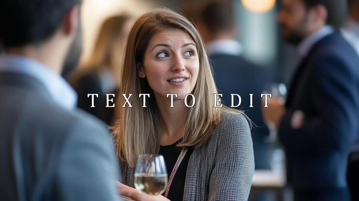 PSD young businesswoman networking holding wine glass looking thoughtful at conference