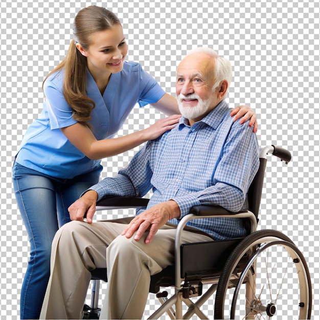 young caregiver assisting senior man in wheelchair on transparent background