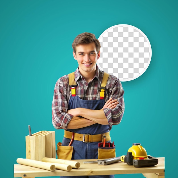 PSD young carpenter cuts a osb board with a jigsaw craftsmans hands in cloth protective gloves jigsaw