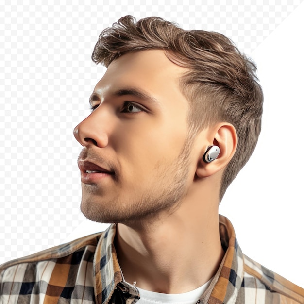 PSD young caucasian man wearing a hearing aid isolated on white isolated background