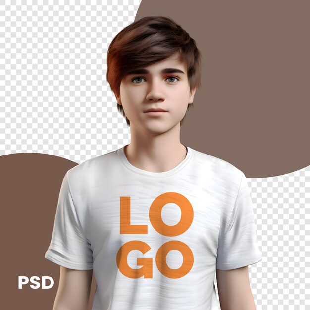 Young caucasian man in white tshirt with slogan lolo psd mockup