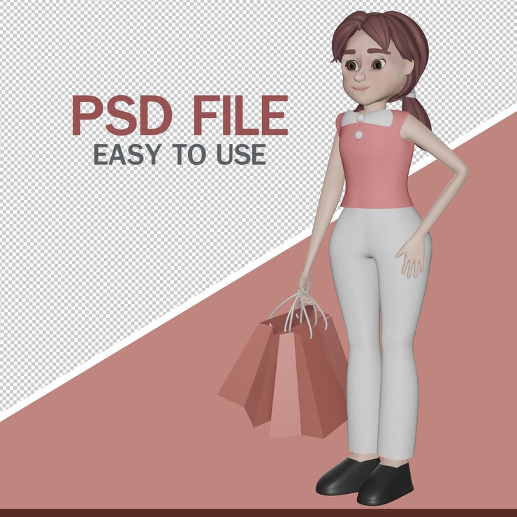 PSD young character with the shopping bags 3d rendering