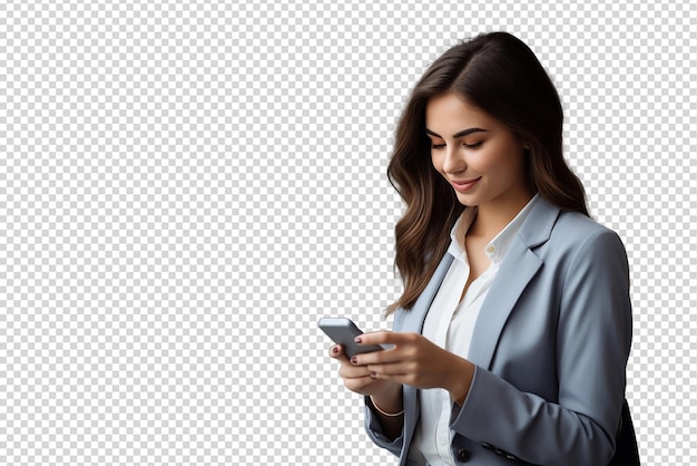 PSD young cheerful stylish businesswoman smartphone isolated on a transparent background