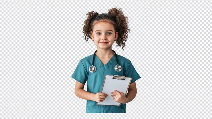 PSD a young child dressed as a nurse holding a clipboard with a stethoscope around her neck in a bright setting