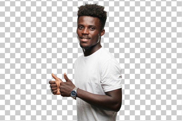 Young cool black man sign. cut out person against monochrome background
