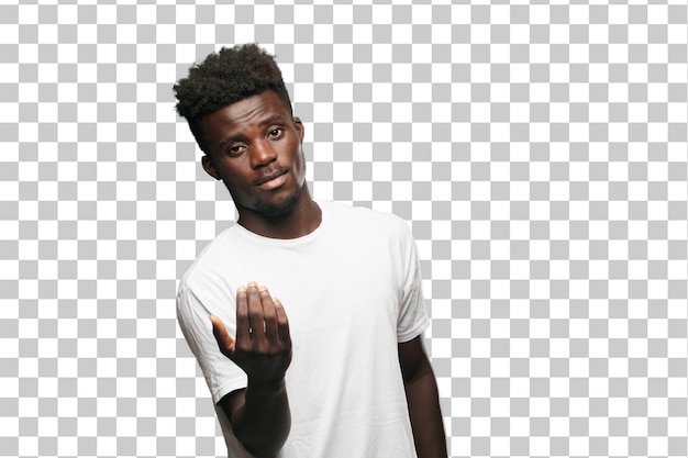 young cool black man sign. cut out person against monochrome background