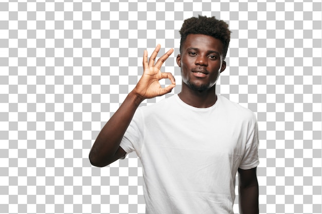 Young cool black man sign. cut out person against monochrome background