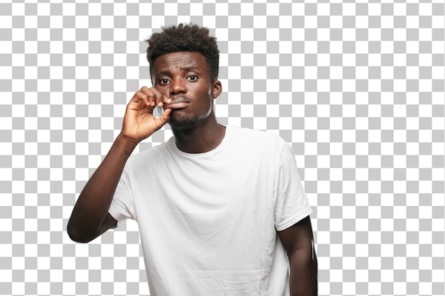young cool black man sign. cut out person against monochrome background