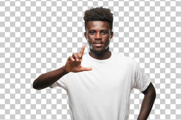 Young cool black man sign. cut out person against monochrome background