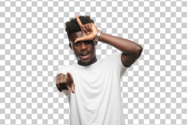 PSD young cool black man sign. cut out person against monochrome background